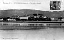 VISTA CASCO VIEJO: IGLESIA. COLEGIO HIJAS DE LA CRUZ. PUNTAL. LONJA. CAÑONERA MAC MAHON. TOMA DESDE HENDAIA. RÍO BIDASOA (1931)